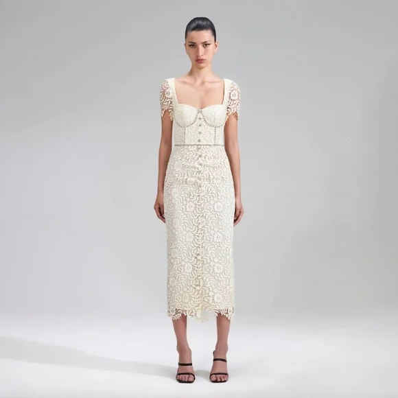 white embroidered lace dress Elegant Lace Midi Dress - White 8 main image 1